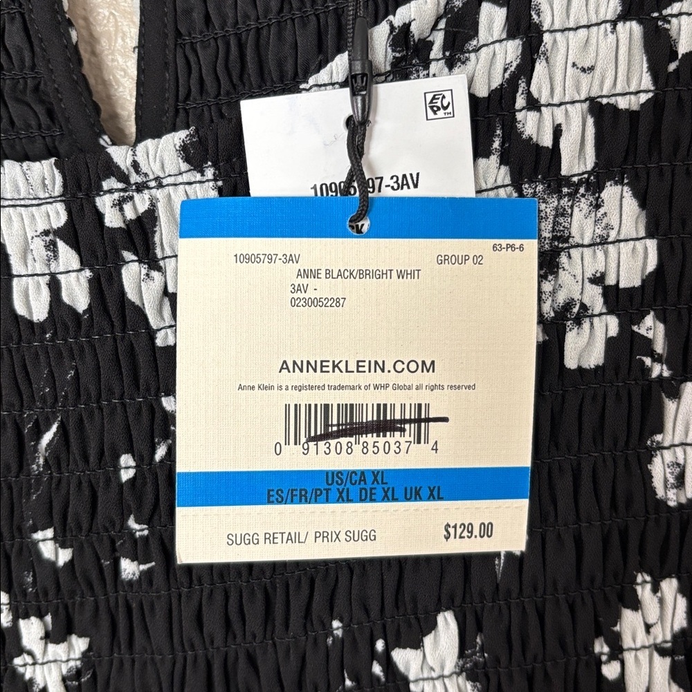 NWT Anne Klein Smocked-Bodice Tiered Maxi Dress in Black/White print XL - Picture 4 of 8